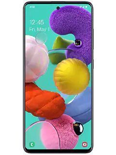 The front of a samsung galaxy a51 cell phone with a colorful background.