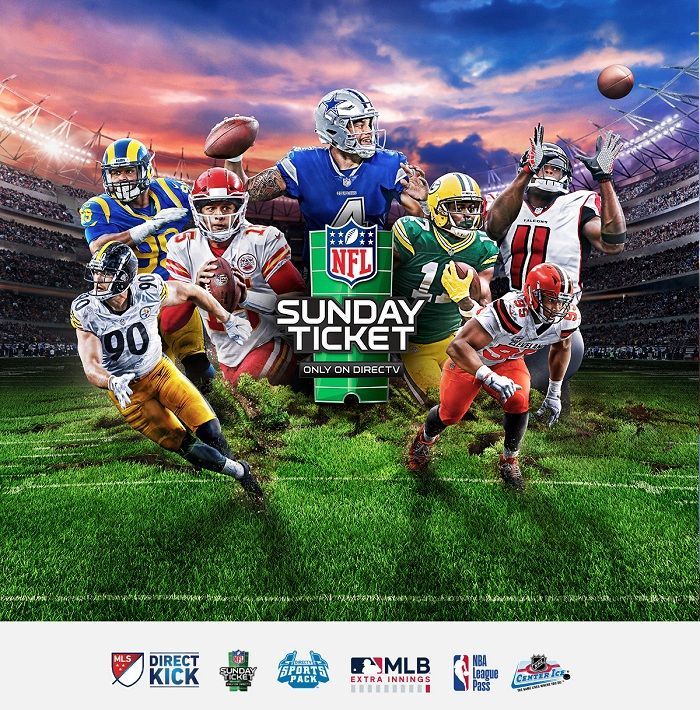 A poster for a sunday ticket for the nfl shows a group of football players on a field.