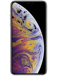 The front of a silver iphone xs max with a colorful swirl on the screen.