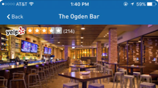 A phone screen shows a restaurant called the ogden bar