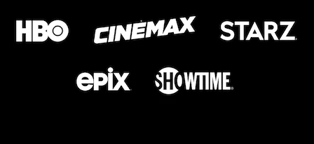 The logos for hbo , cinemax , starz , epix and showtime are on a black background.