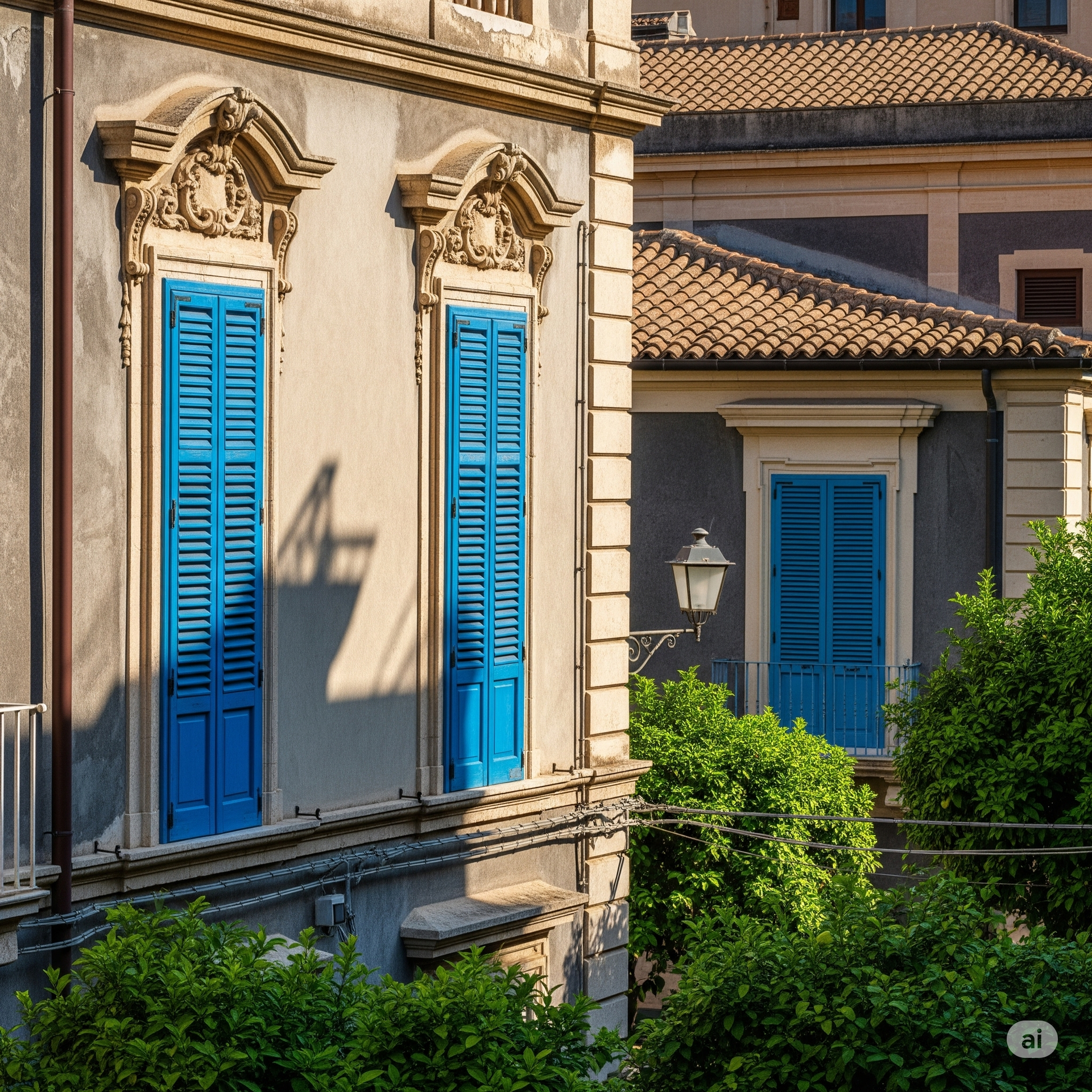 Un edificio con persiane blu alle finestre