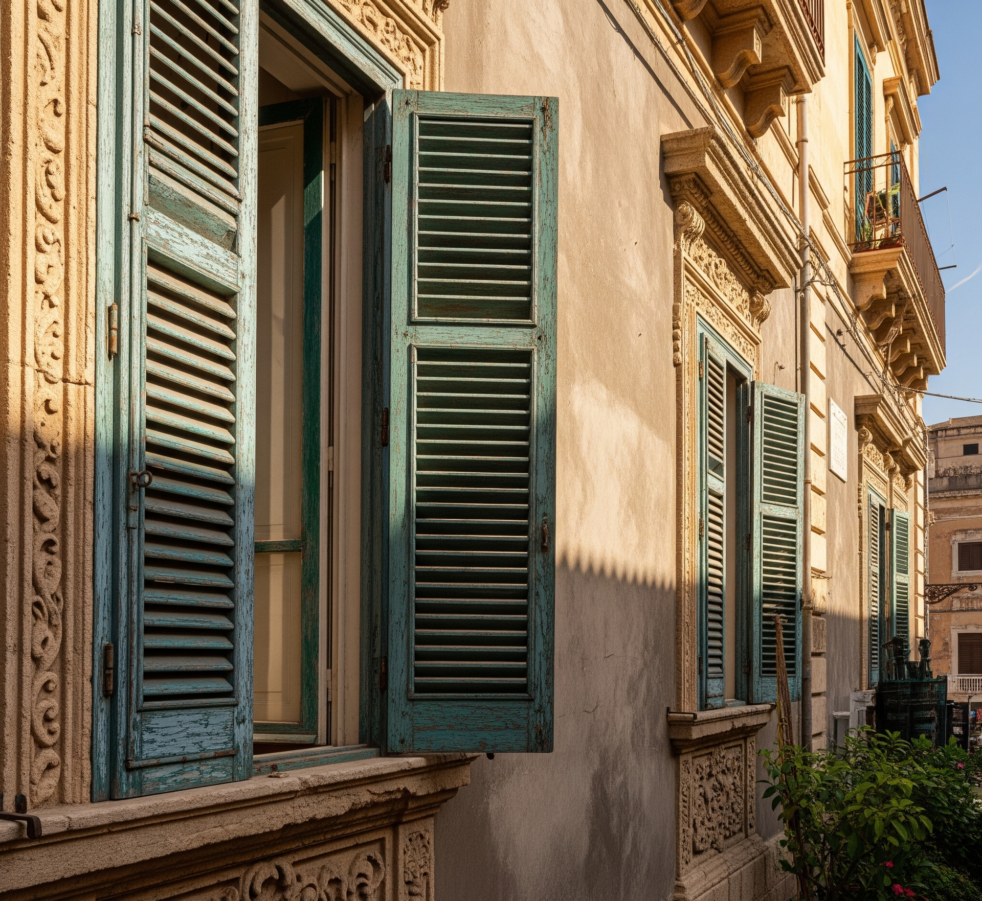 Un edificio con persiane blu alle finestre