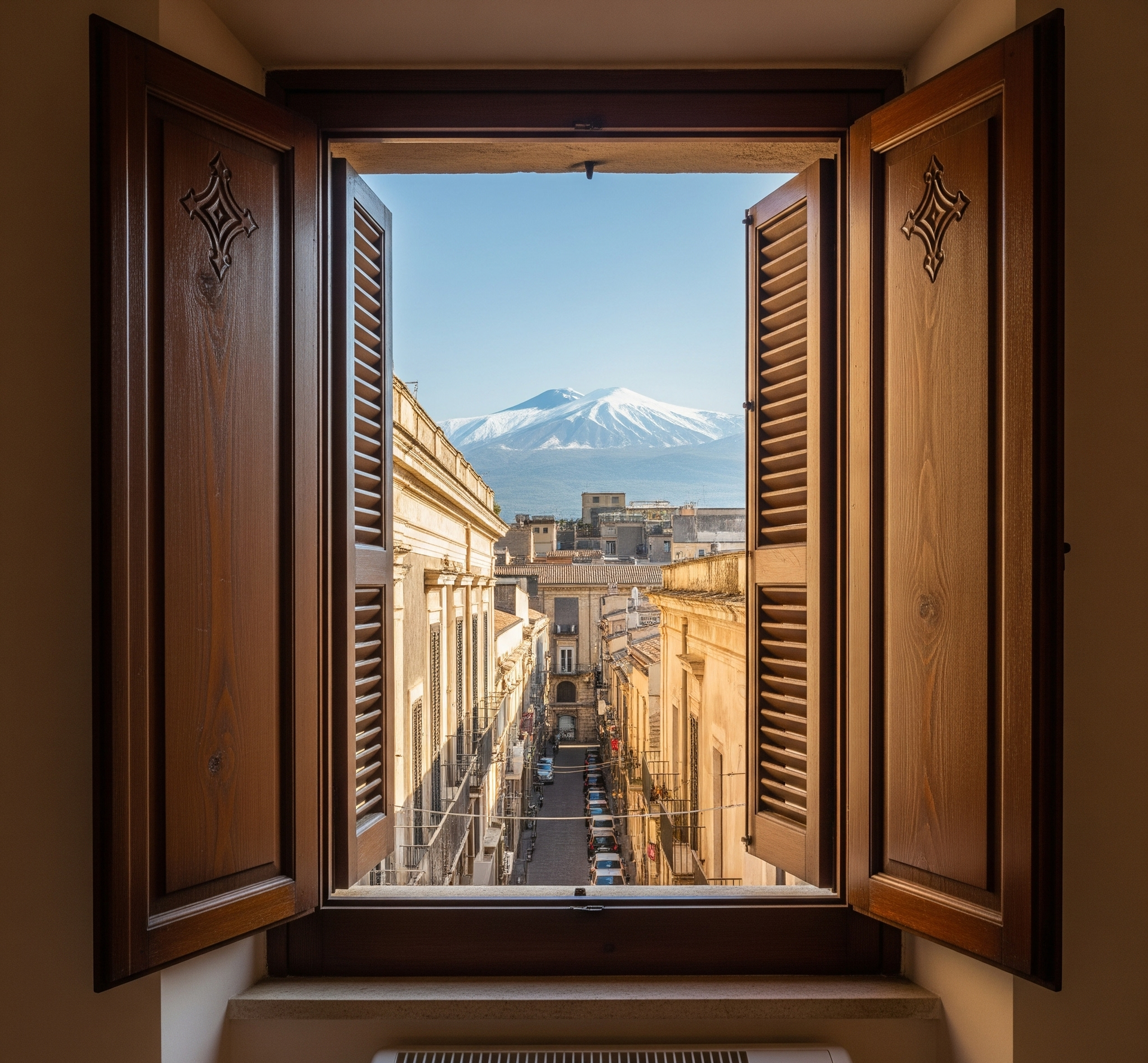 Una vista di una città da una finestra aperta con persiane di legno
