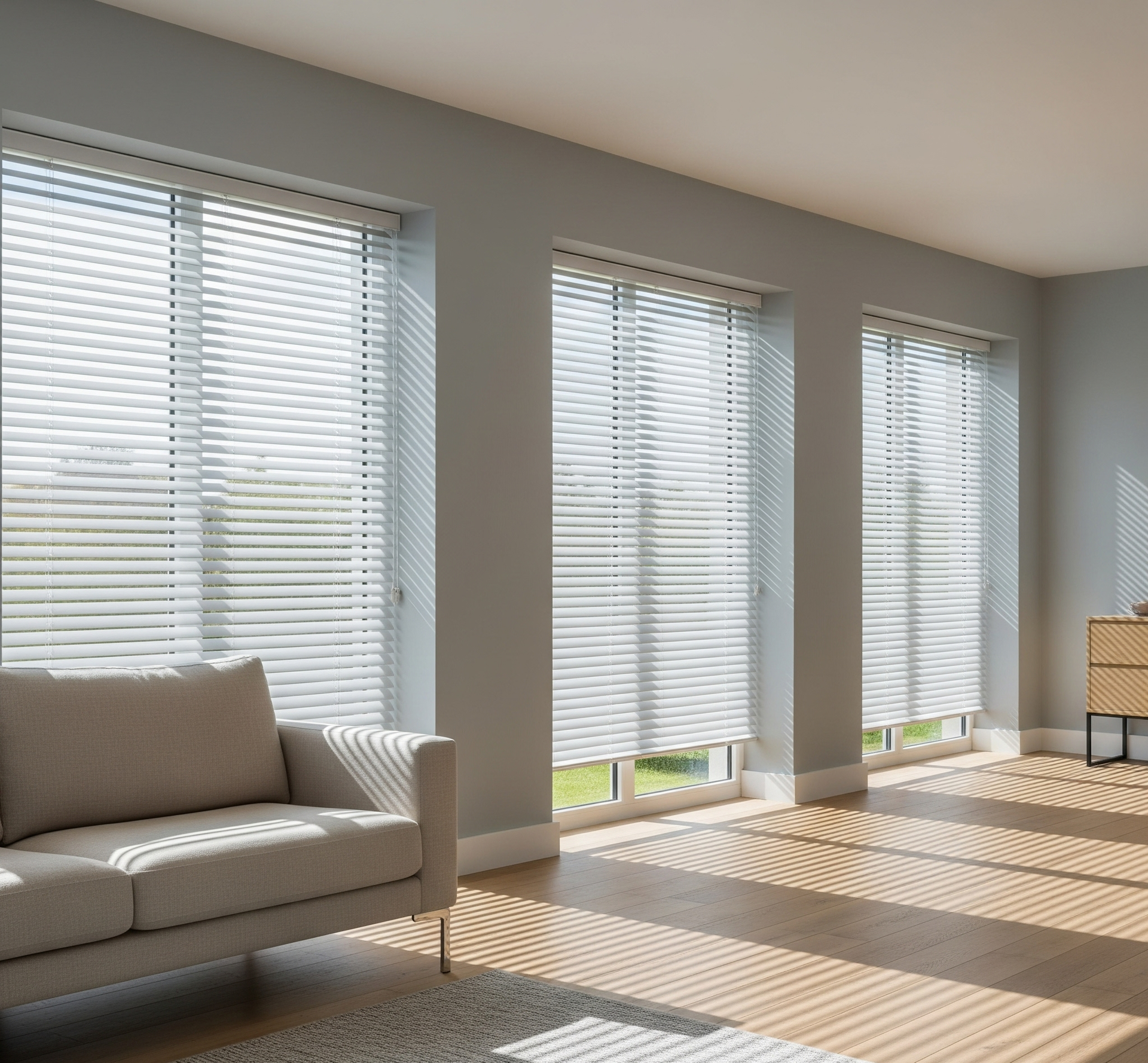 Un soggiorno con un divano e tende alle finestre