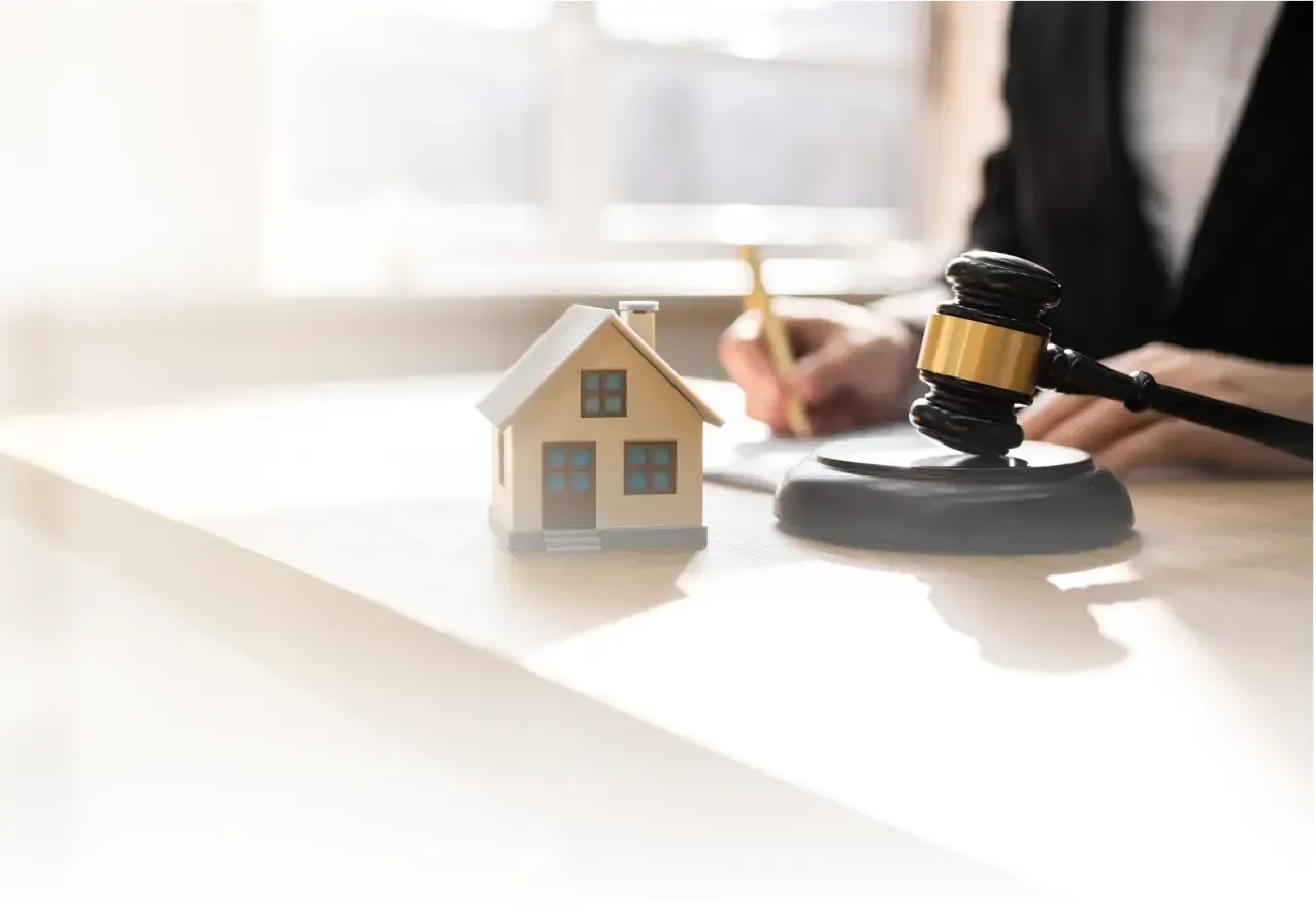 there is a small model of a house placed on a desk, and a judges gavel
