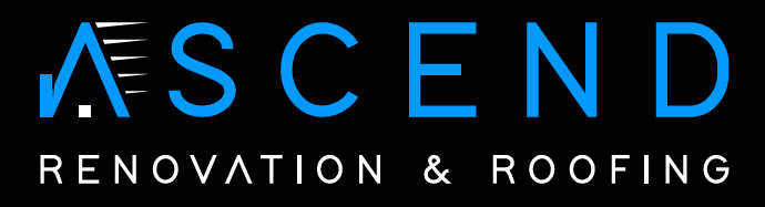 Logo for Ascend Renovation & Roofing; blue text on black background; &ldquo;ASCEND&rdquo; and beneath it &ldquo;RENOVATION & ROOFING&rdquo;