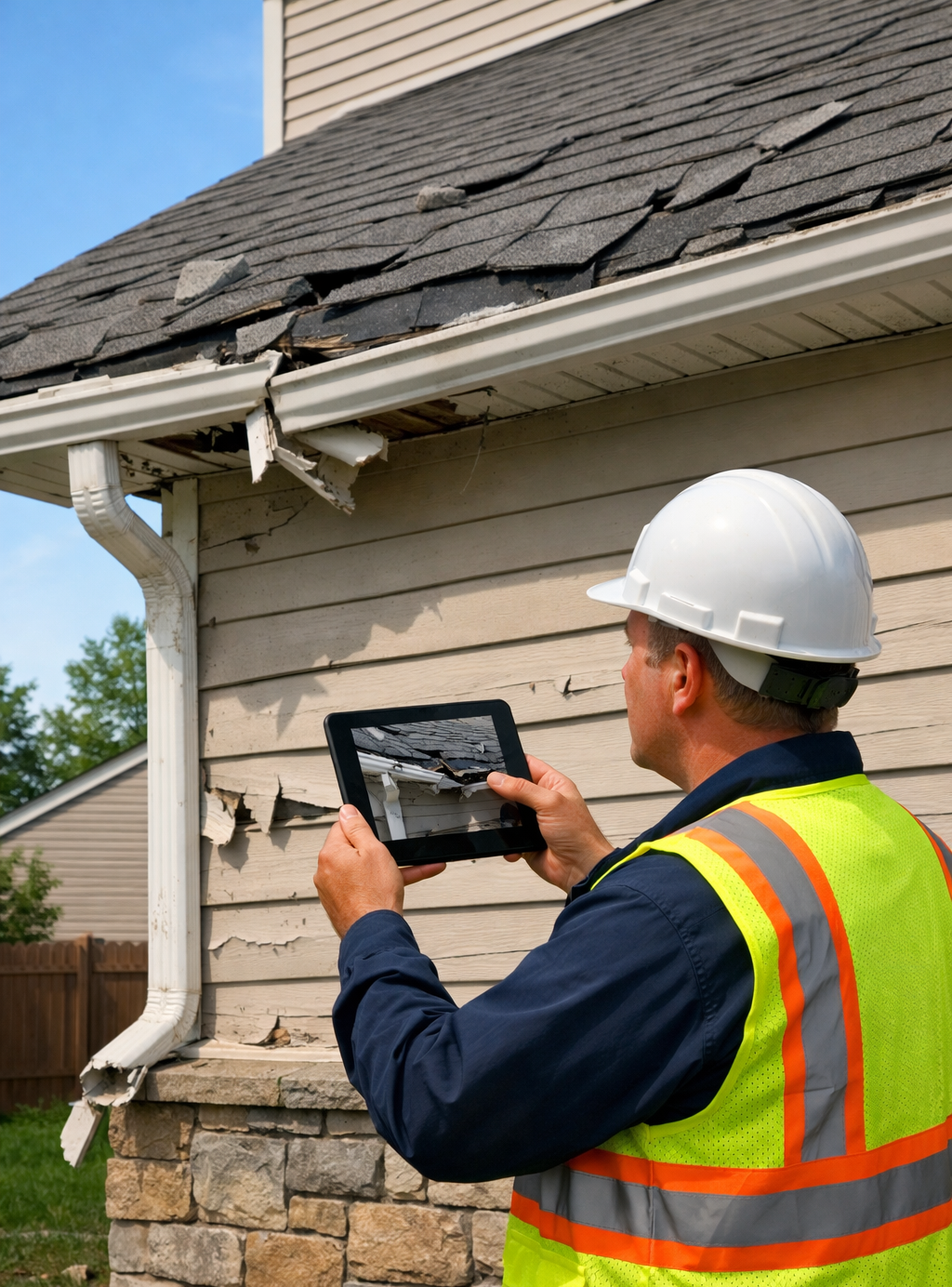 Person in hard hat and vest inspecting damaged roof with tablet.