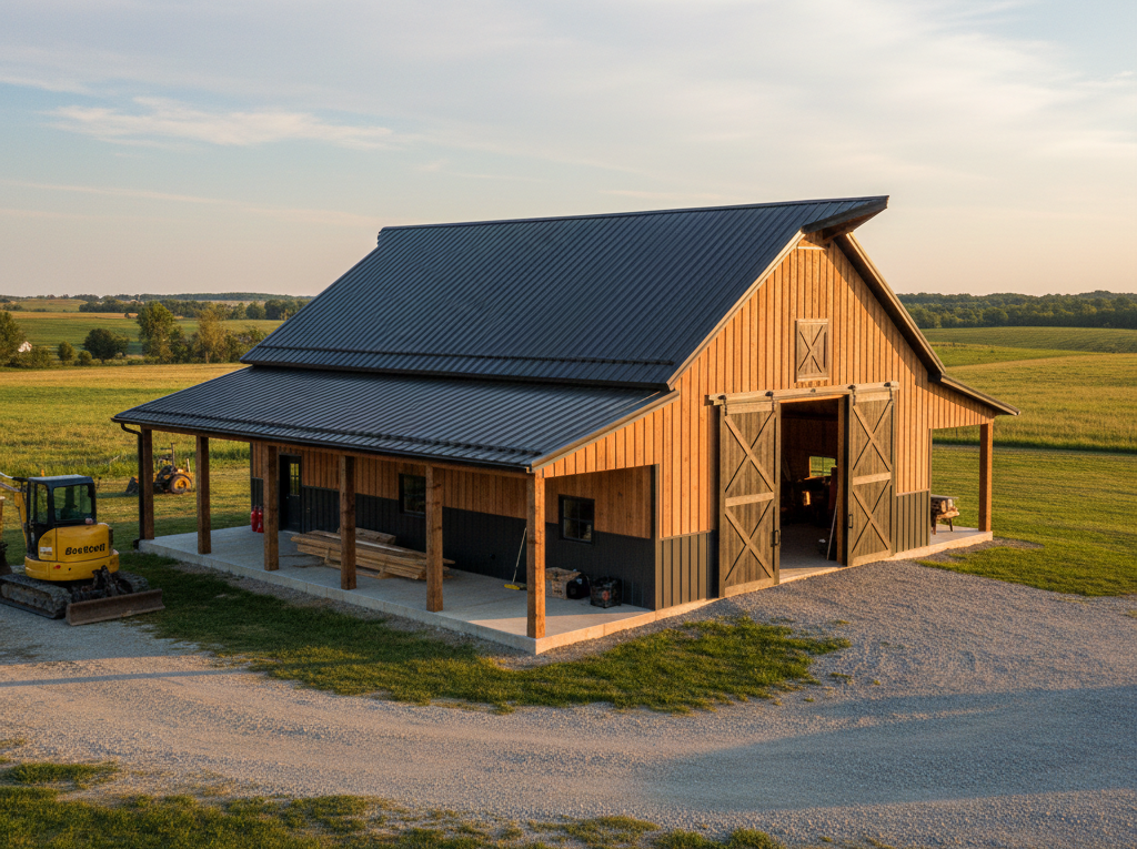 Barn with wooden siding, metal roof, and open doors on a gravel drive with a small tractor.