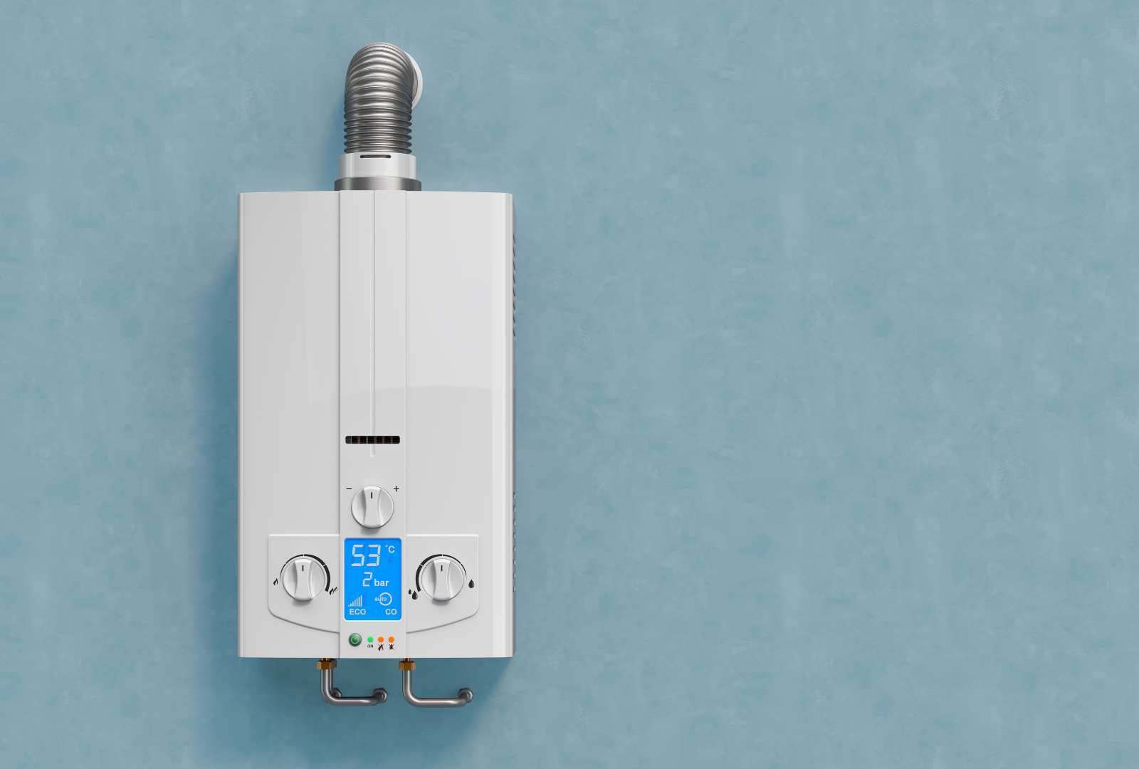 White tankless water heater mounted on a light blue wall, with digital display and vent.