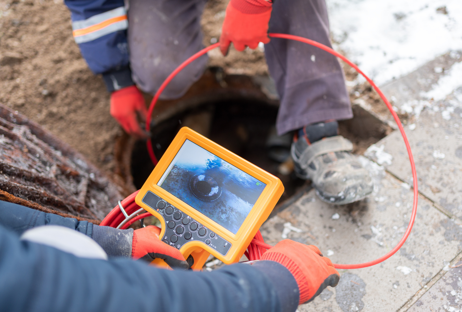 Person using a camera to inspect a sewer, holding a screen and a red cable. Gloves are worn.