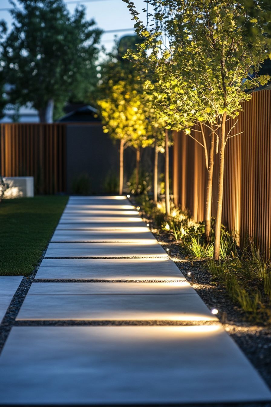 A modern concrete pathway illuminated by warm ground lights, lined with trees and a vertical wooden fence at dusk.  — BTM Electrical & Air in Palm Beach, QLD