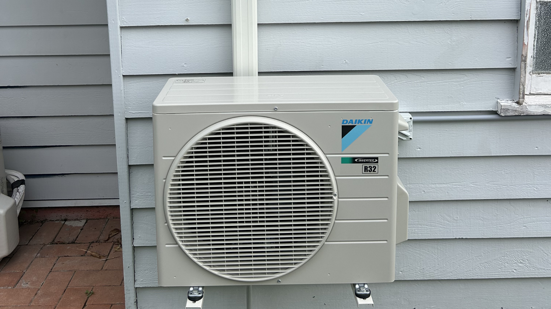 A patch of dug-up earth in a grassy backyard near a waterfront fence and pier under a bright blue sky. 