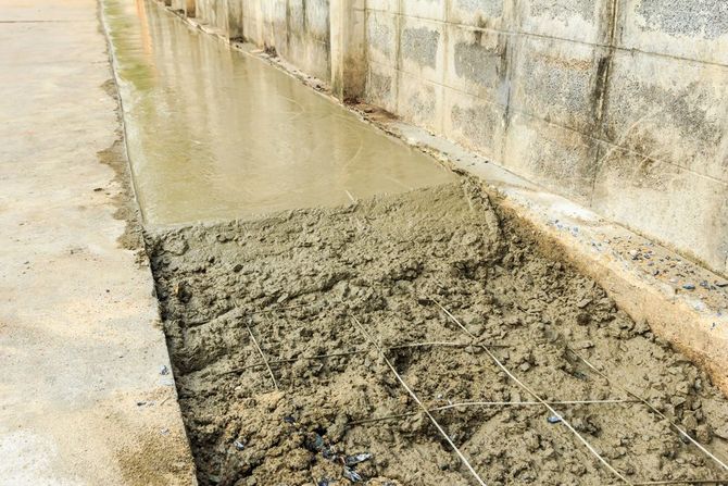 Fresh concrete being poured and leveled over wire mesh reinforcement for a sidewalk.