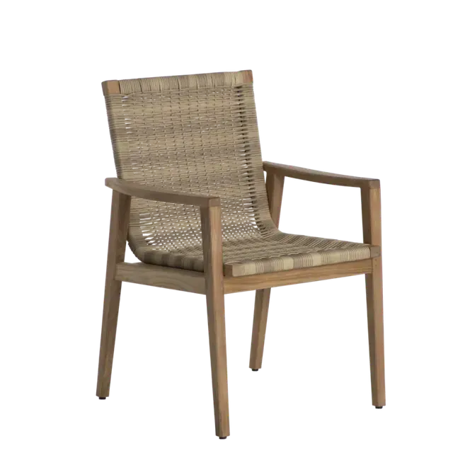 Outdoor chair with woven back and seat, wooden frame.