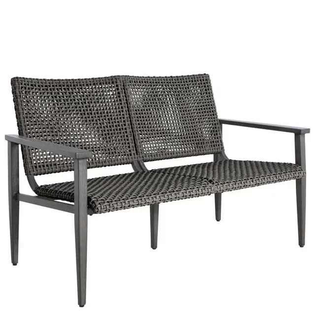 Gray woven two-seat outdoor bench with metal frame.