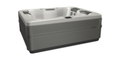A gray hot tub with a light gray interior, on a white background.