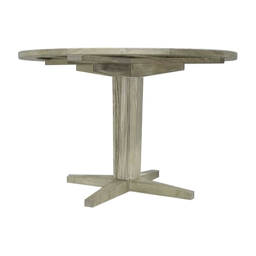 Gray wooden round dining table with pedestal base.