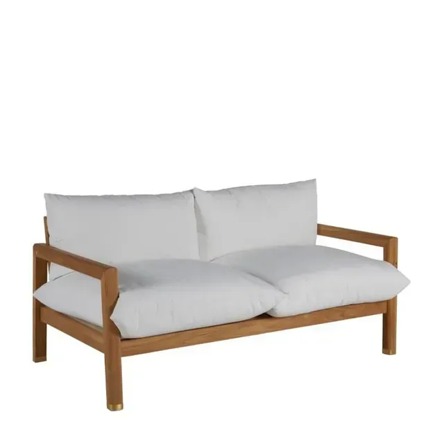 Two-seat outdoor sofa with wooden frame, white cushions, and a white background.