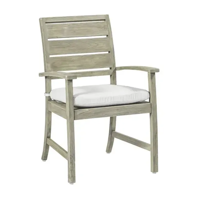 Wooden outdoor armchair with a gray finish and white cushion.