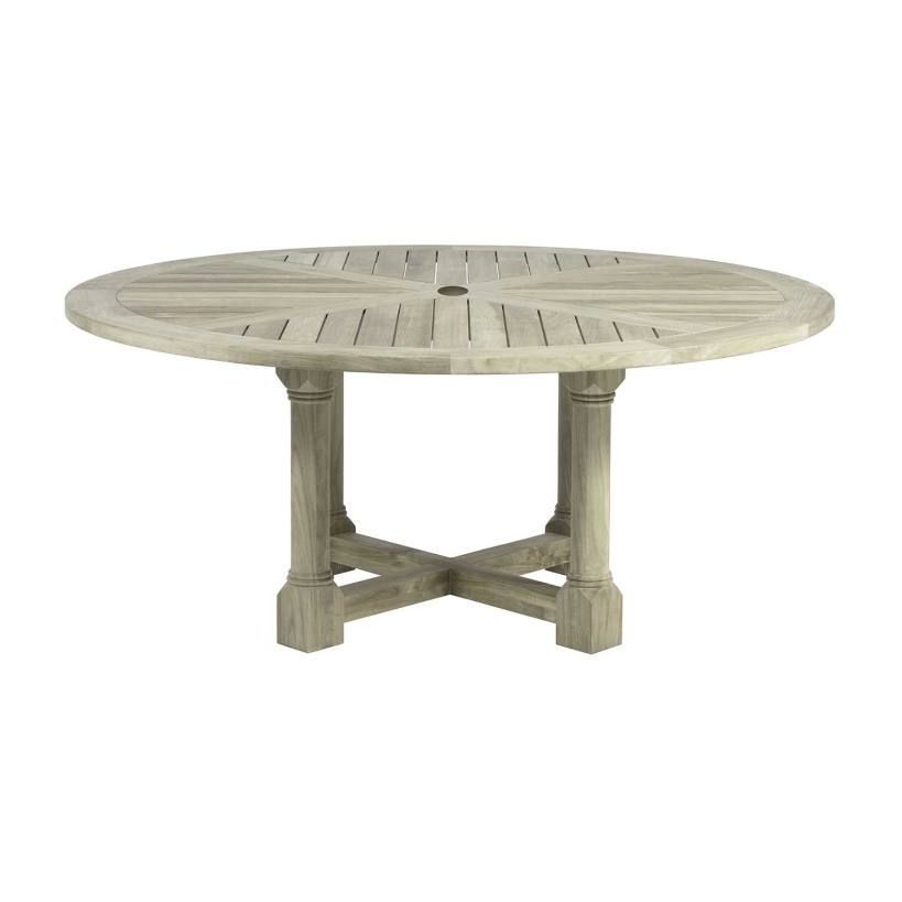 Round wooden outdoor table with a cross-shaped base.