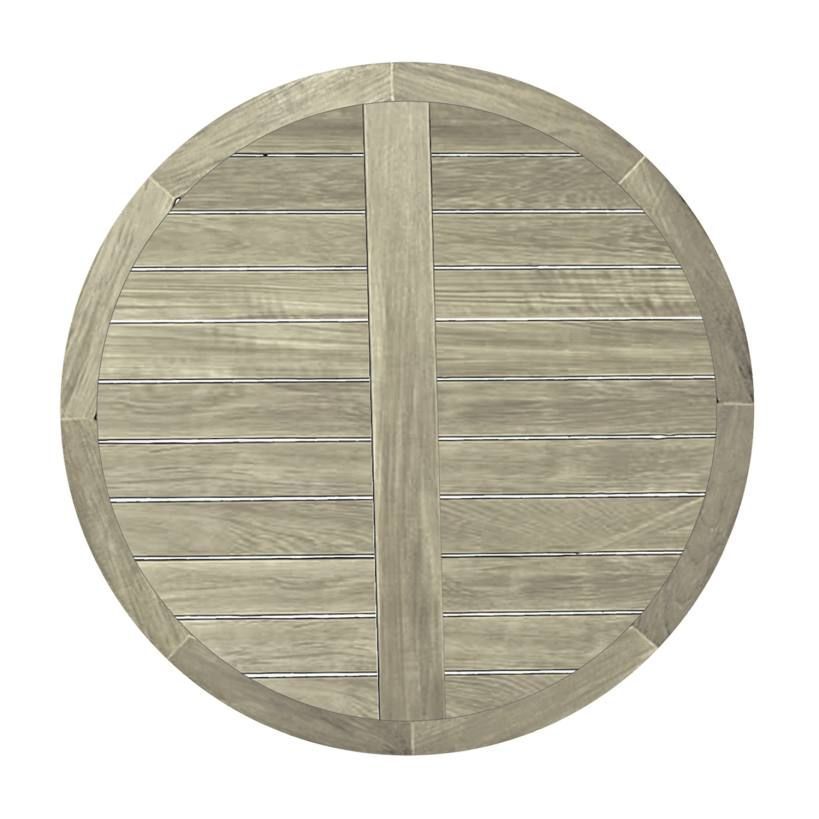 Circular outdoor table with weathered, gray wood planks.