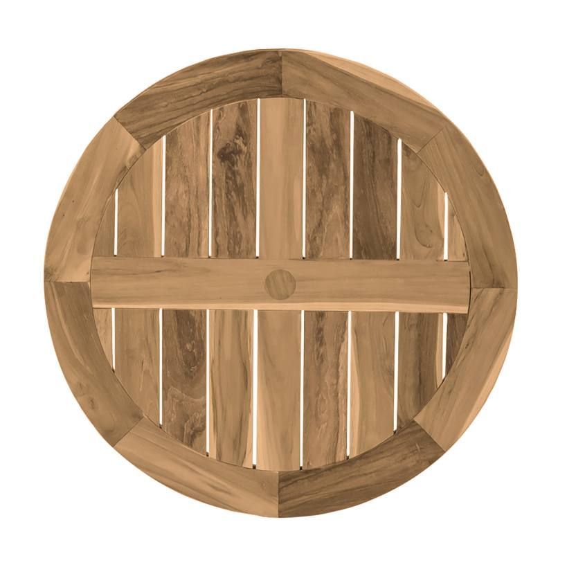Round teak wood table top with vertical slats and a supporting crossbeam.