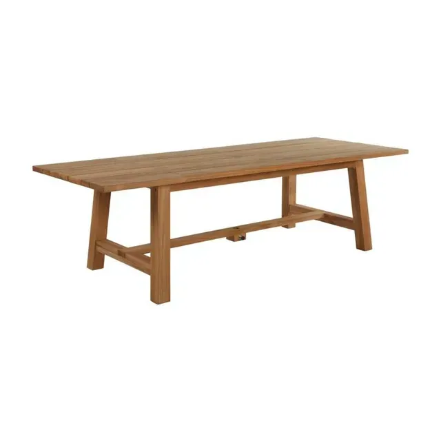 Wooden rectangular outdoor dining table with a natural finish.