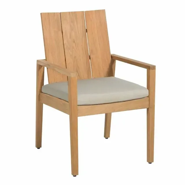 Wooden outdoor dining chair with beige cushion, set against a white background.