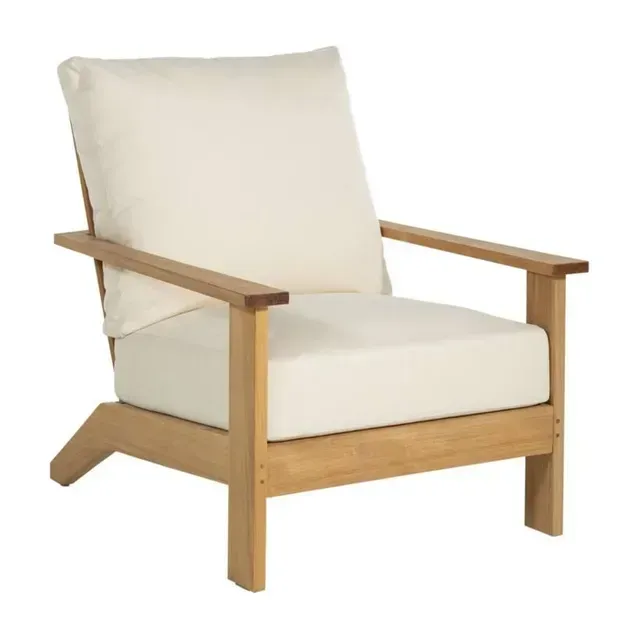 Teak wood outdoor armchair with off-white cushions, set against a white background.