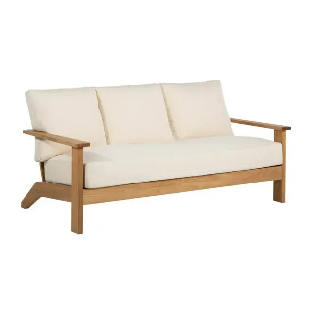 Wooden outdoor sofa with beige cushions.