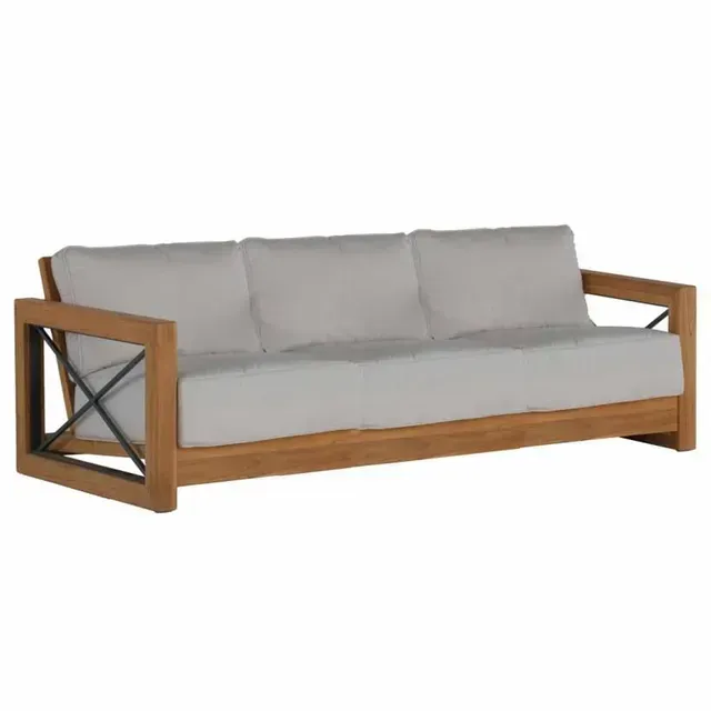Wooden outdoor sofa with light gray cushions, crossed black metal accents.