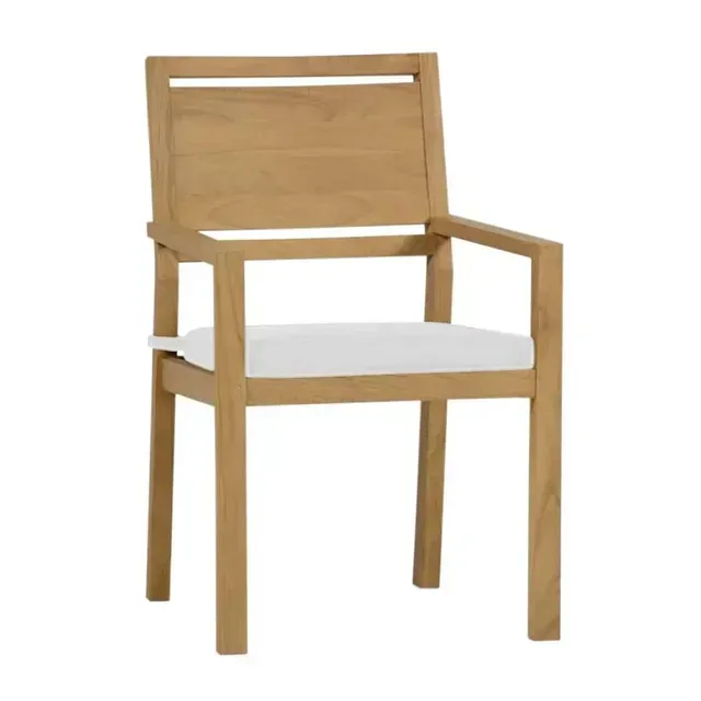 Wooden outdoor armchair with white cushion.