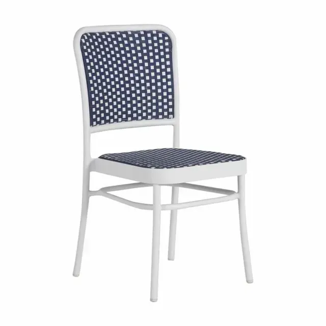 White outdoor chair with blue and white woven seat and back.