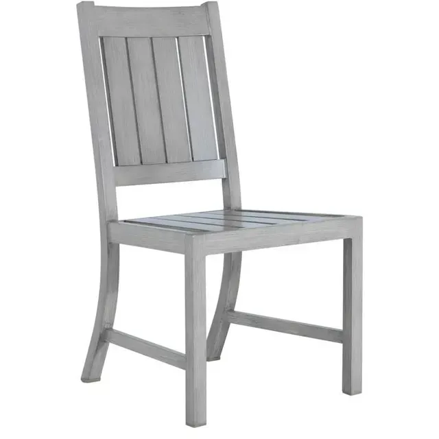 Gray wooden outdoor dining chair with slatted seat and back.