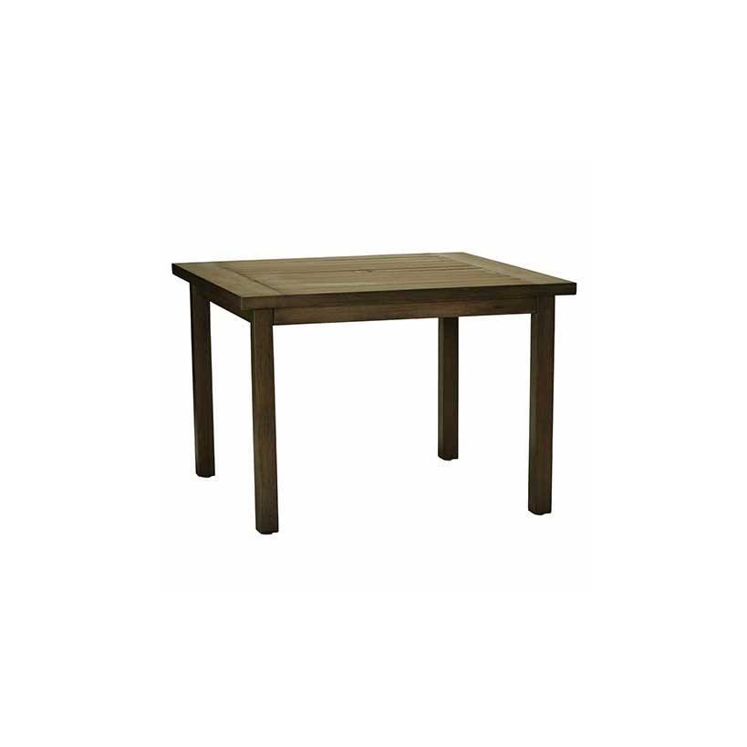 Square wooden table with dark finish.
