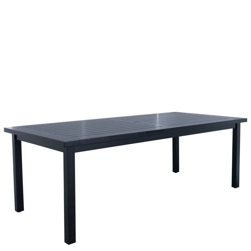 Black rectangular outdoor dining table with slatted top.