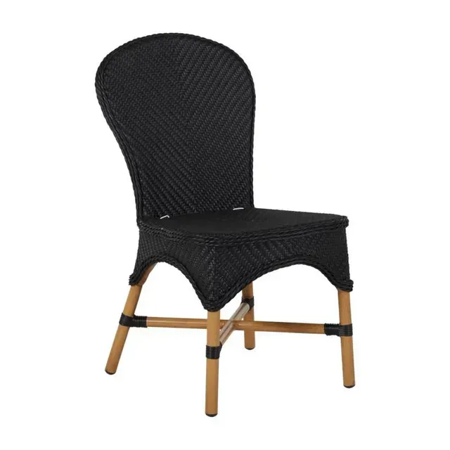 Black wicker chair with a tall back and light wood legs, on a neutral background.