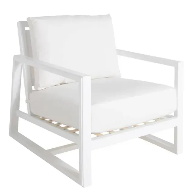 White modern outdoor lounge chair with a cushioned seat and back.