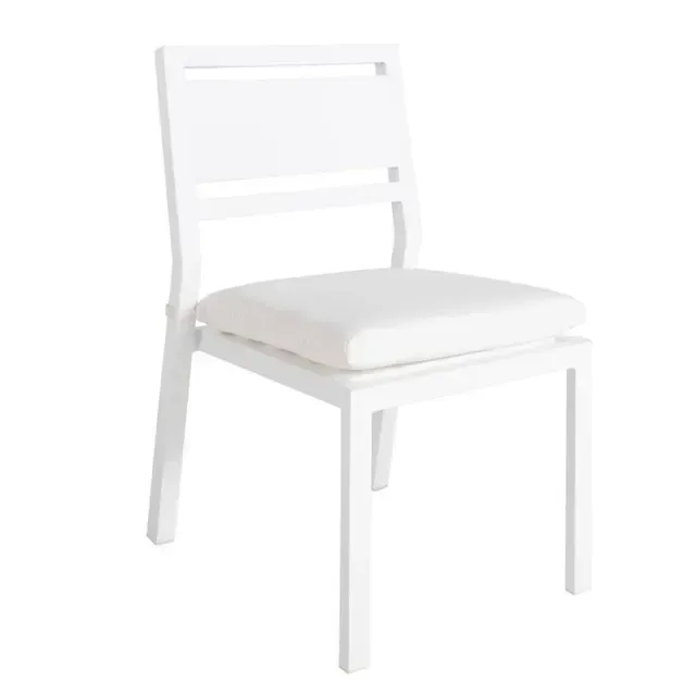 White wooden chair with a square seat and slatted back.
