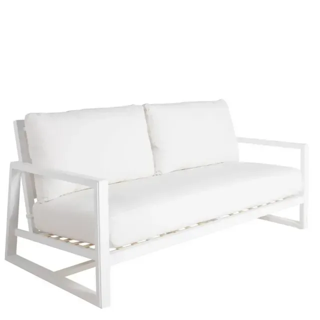 White outdoor loveseat with two cushions, set against a white background.