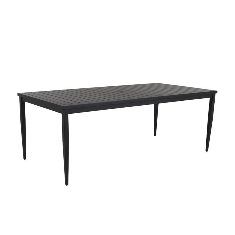 Black rectangular outdoor dining table with four legs.