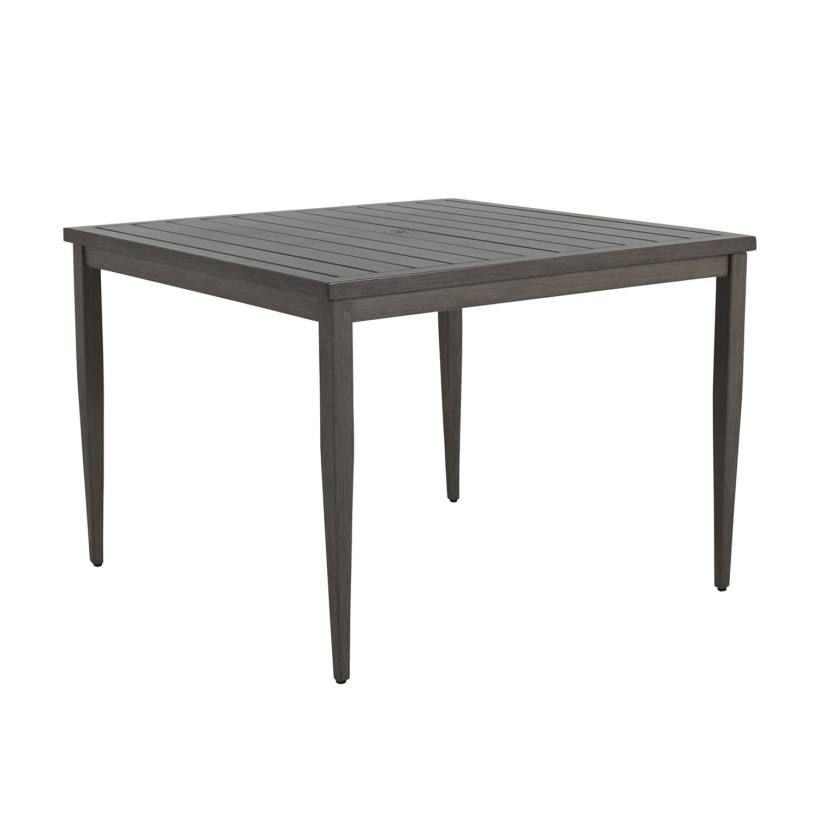 Square outdoor table with gray slatted top and legs.