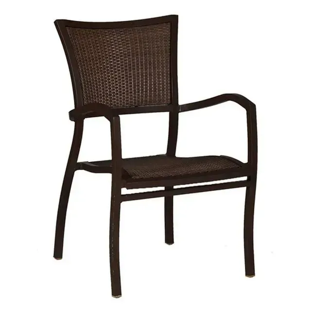 Brown wicker outdoor chair with armrests.