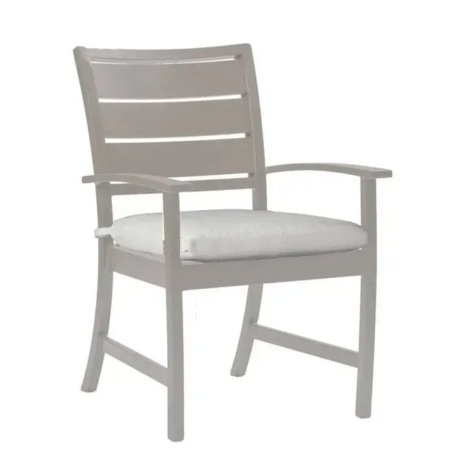 Gray wooden outdoor armchair with white cushion.