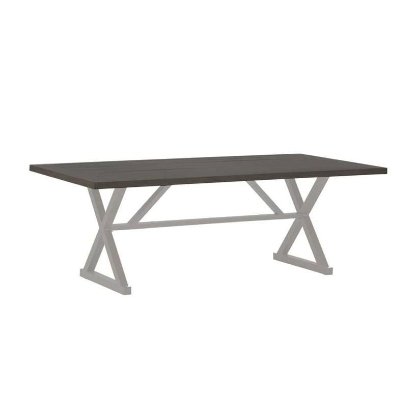 Dark brown rectangular dining table with silver criss-cross legs.