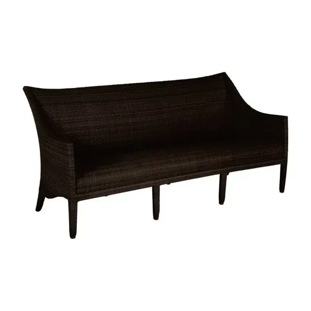 Dark brown woven outdoor sofa with curved back and armrests.
