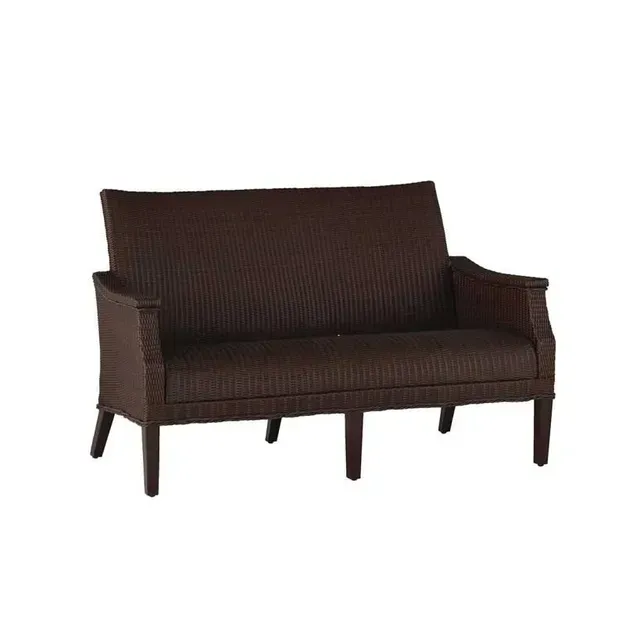 Brown loveseat with arms, featuring a textured fabric.