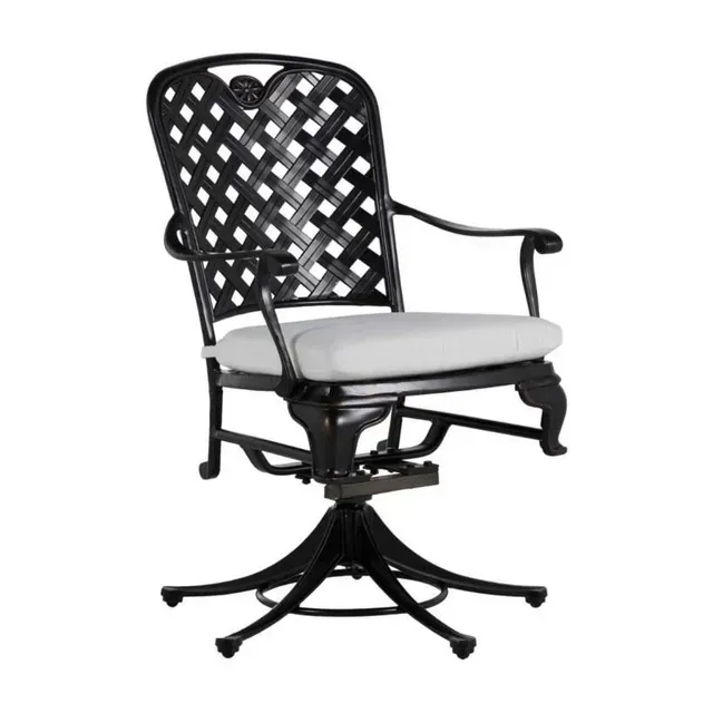 Black lattice-back swivel patio chair with gray cushion, set against a white background.