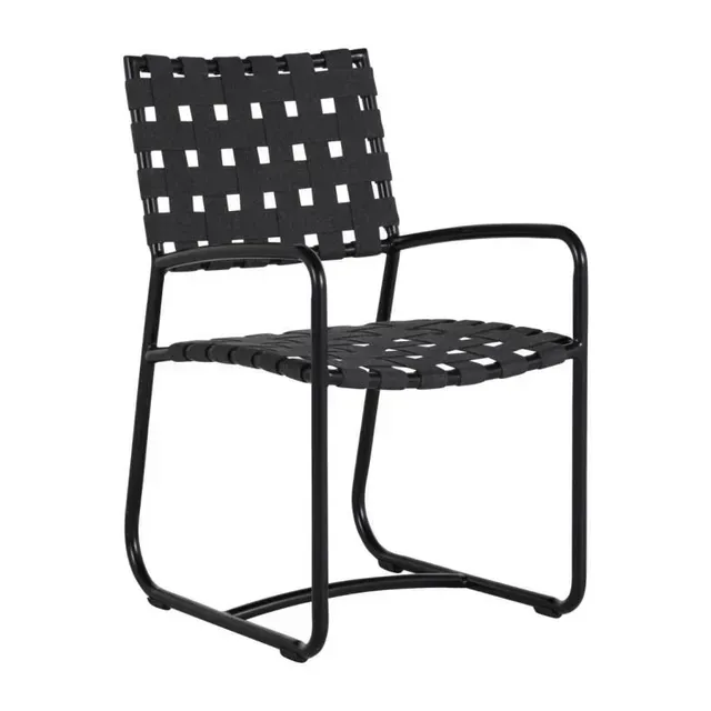 Black woven outdoor dining chair with armrests.